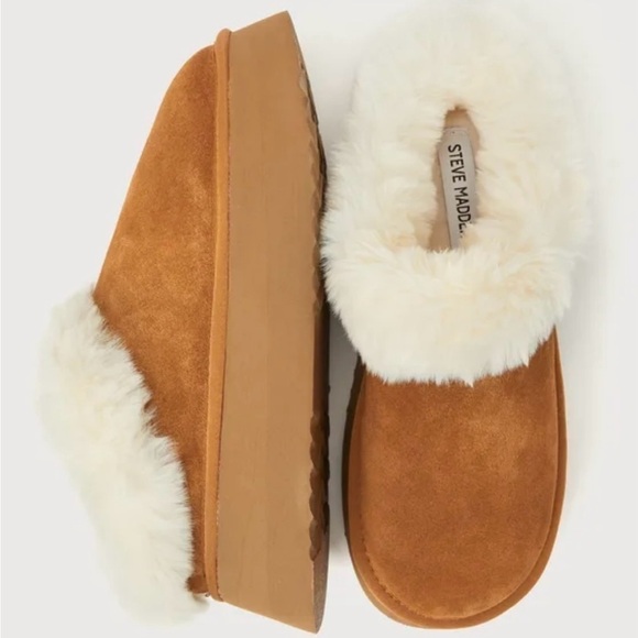 Steve Madden Chaplin Tan Suede Leather Faux Fur Flatform Slippers Booties NWT 6 - Picture 3 of 8